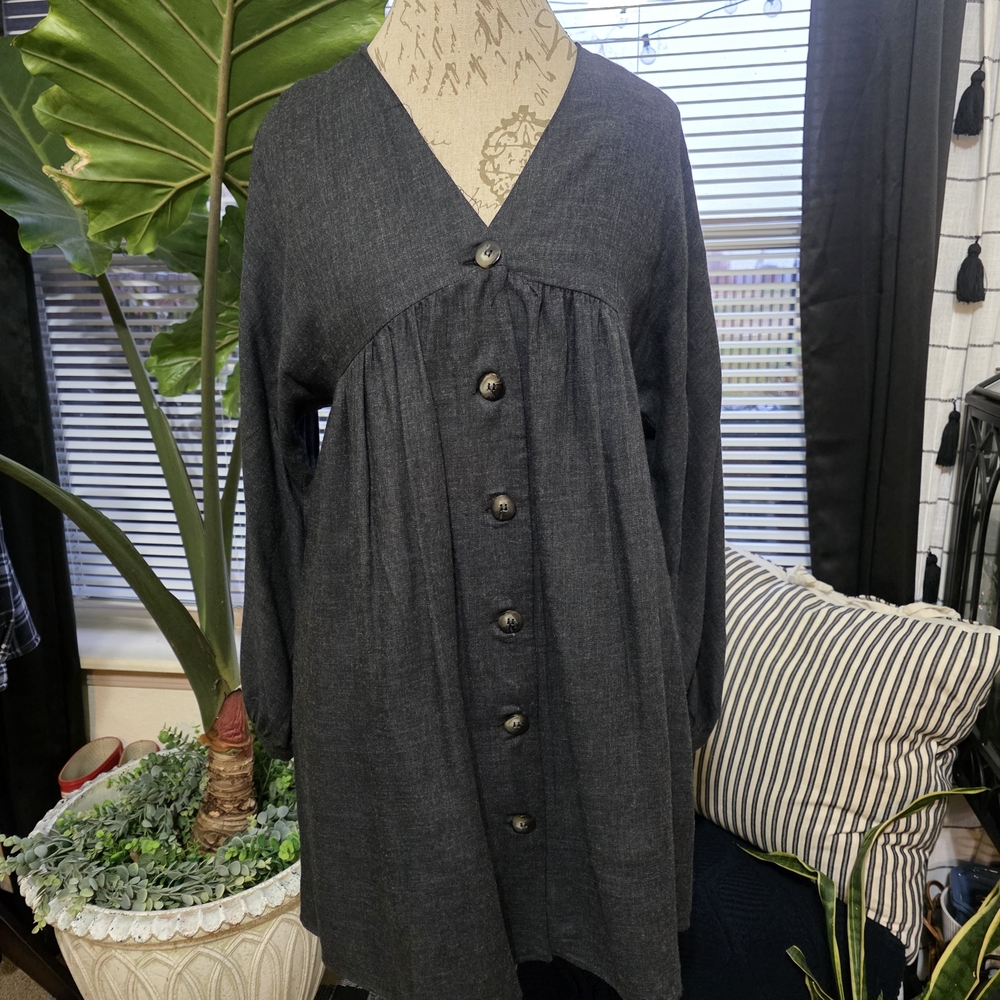 Zara Charcol Button-Up Long Sleeve Minimalist Comfy Tunic Dress
